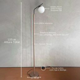 Luminária Abajur de Chao de Alumínio Bronze com Preto com Vidro Globo 14cm - 2
