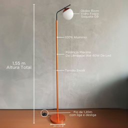 Abajur Luminária de Chão Kaline Vidro Globo Fosco Cobre com Preto Bivolt Sala ou Quarto - 2