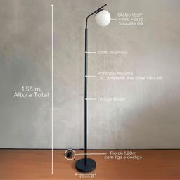Abajur Luminária de Chão Kaline Preto com Globo Fosco 14cm e com Lâmpada Branco Quente - 2