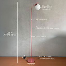 Abajur Luminária de Chão Kaline Rose Gold com Globo Vidro 14cm com Lâmpada Branco Quente - 2