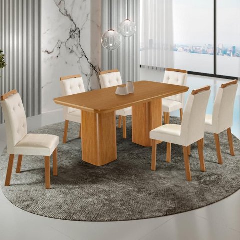 Conjunto Mesa de Jantar 180cm com 6 Cadeiras Estofadas Multimóveis Crrft-CON052 Madeirado/Creme