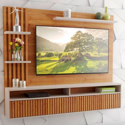 Painel para TV Até 65 Polegadas Dell 1 Porta 3 Prateleiras Ripado Mel/Off White - Viero Móveis