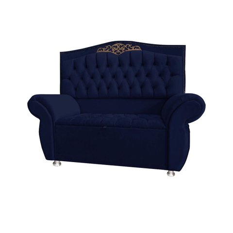 KIT Cabeceira + Recamier Baú Dunas Dubái Azul Marinho veludo Linha Alta 1,95 casal Dalaqua-Decor