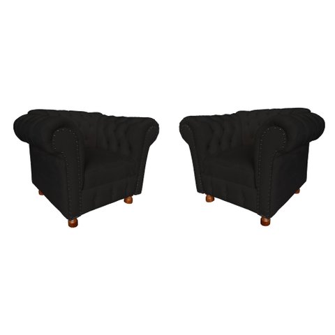 Kit 2 Poltronas Luis XV Chesterfield Capitone Suede Preto / Barbearia, TV, Sala, decoração