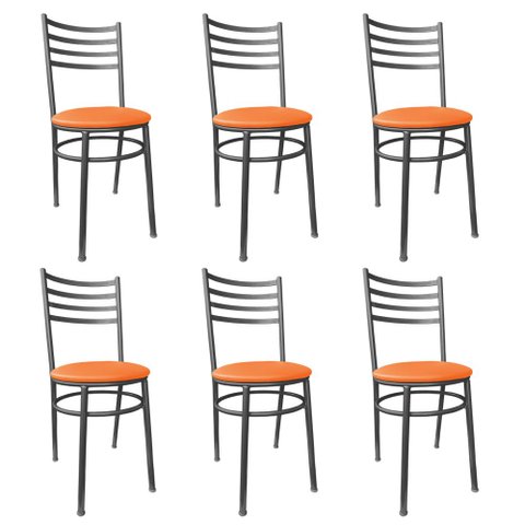 Conjunto 6 Cadeiras Jantar de Metal Preto e Assento Estofado Laranja