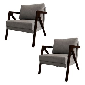 Kit 2 Poltronas Mona Monique Luxo Base Madeira Maciça Castanho Linho Grafite