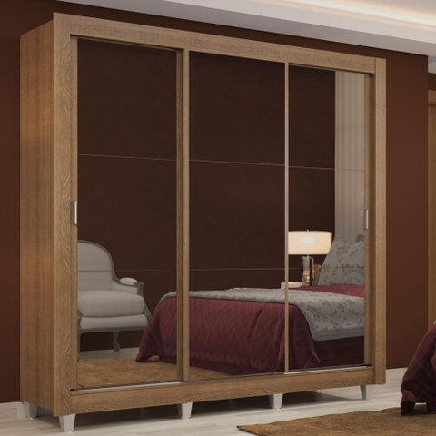 Guarda-Roupa Casal Madesa Lyon 3 Portas de Correr de Espelho 2 Gavetas com Pés Rustic Cor:Rustic