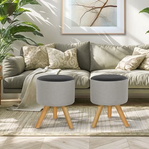 Kit Conjunto 02 Puff Duna Redondo Pé Palito Banqueta para Os Pés Decorativa Estofada(cinza Claro/pre