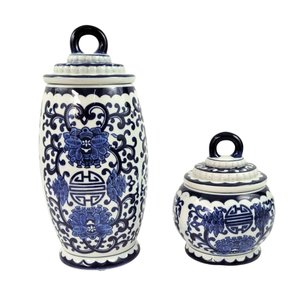 Kit 2 Potiche Azul e Branco Daca Pote Porcelana Decoração