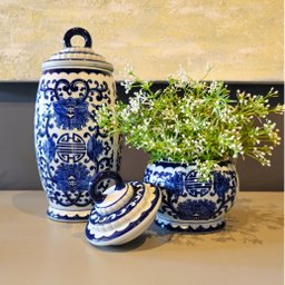 Kit 2 Potiche Azul e Branco Daca Pote Porcelana Decoração - 2