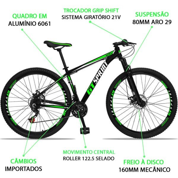 Bicicleta Aro 29 GT Sprint MX1 Aluminum 21v Freio a Disco Preto e Verde - 3