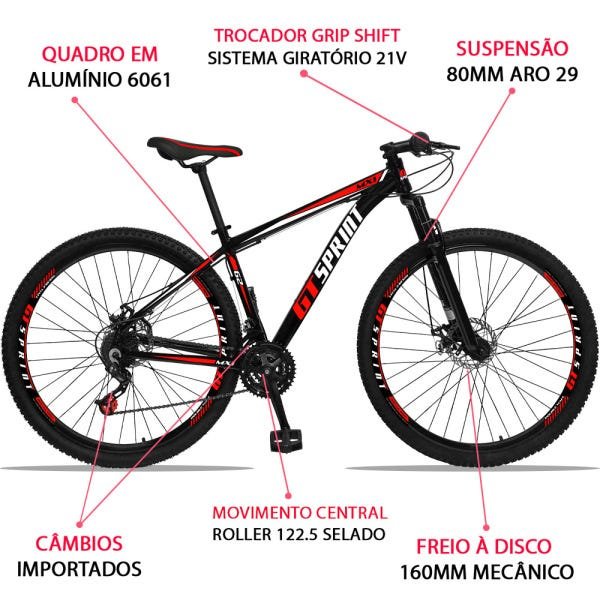 Bicicleta Aro 29 GT Sprint MX1 Aluminum 21v Freio a Disco Preto e Vermelho - 3