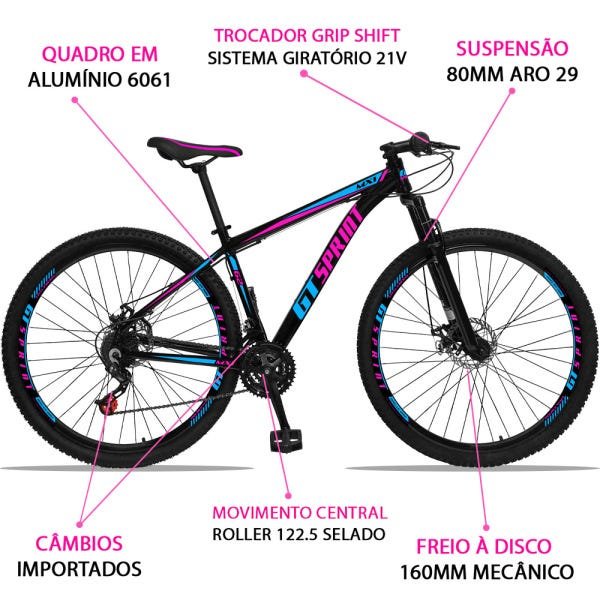 Bicicleta Aro 29 GT Sprint MX1 Aluminum 21v Freio a Disco Preto Rosa e Azul - 3
