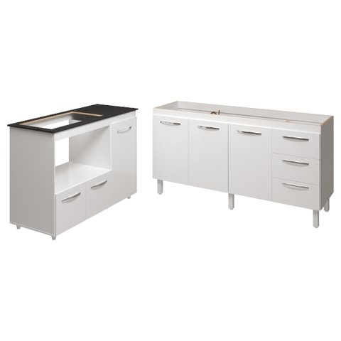 Balcão Cozinha Gabinete de Pia 160 Cm Estela e Balcão para Fogão Cooktop 5 Bocas e Forno Elétrico Al