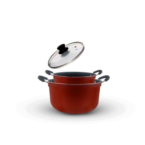 Kit com 2 Caçarolas Vermelha Tamanho Família Antiaderente Com Tampa de Vidro Dona Chefa 24cm 30cm