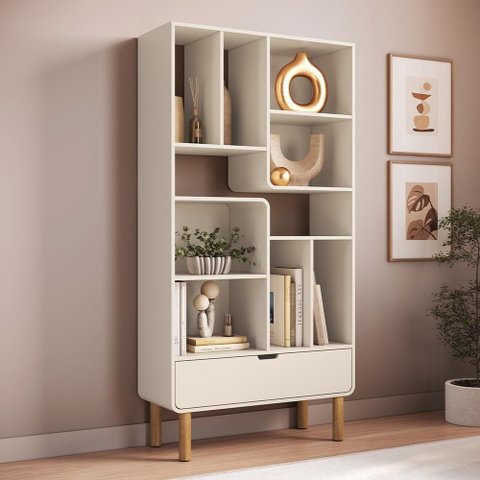 Estante Livreiro Home Office Orgânica 1 Gaveta 90cm Nordic A03 Off White Roble - Lyam Decor