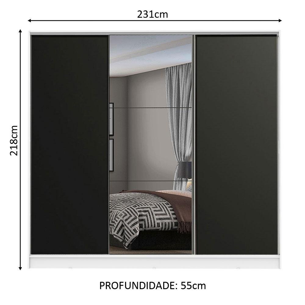 Guarda Roupa Casal 100% Mdf Madesa Zurique 3 Portas de Correr com Espelho - Branco/preto - 3