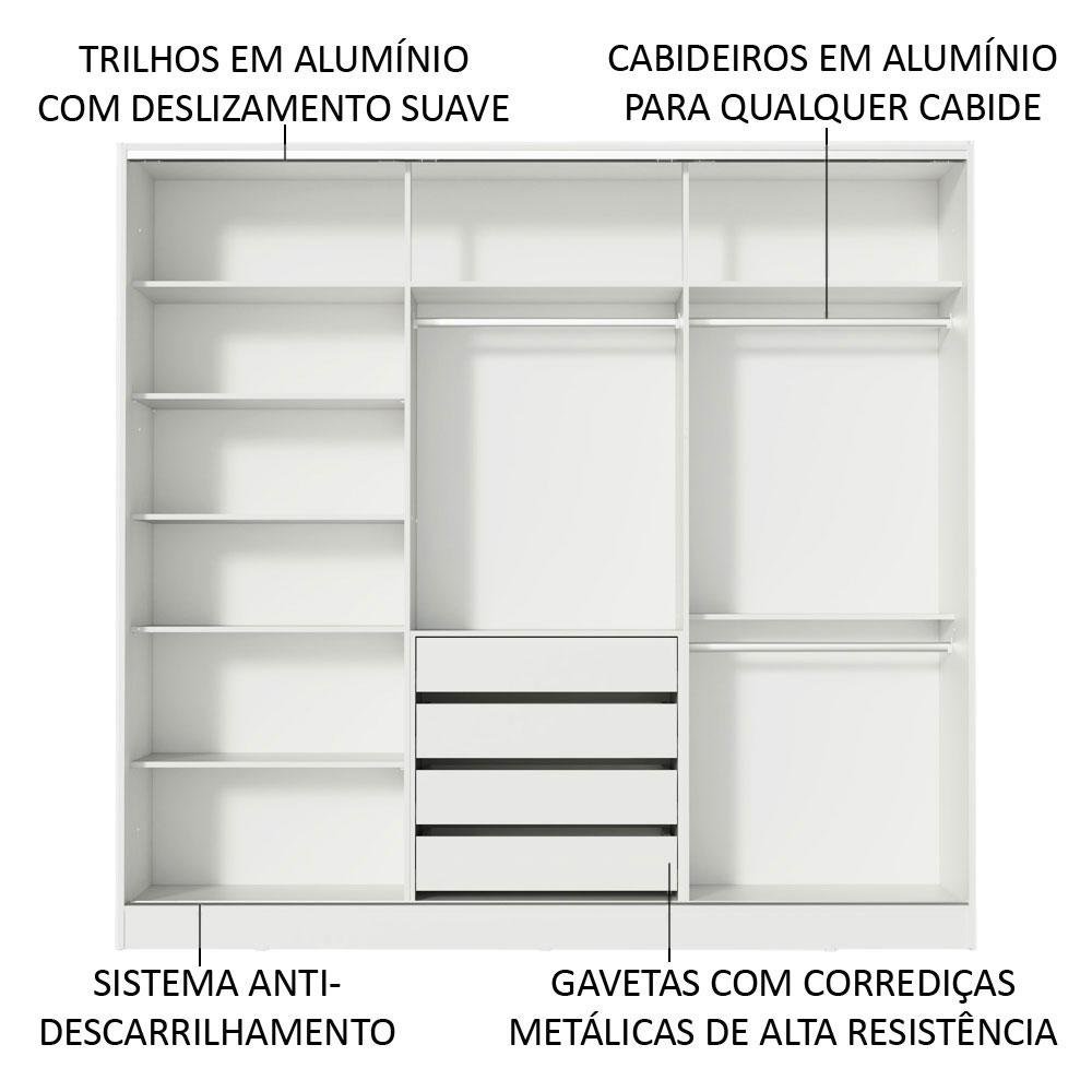 Guarda Roupa Casal 100% Mdf Madesa Zurique 3 Portas de Correr com Espelho - Branco/preto - 5