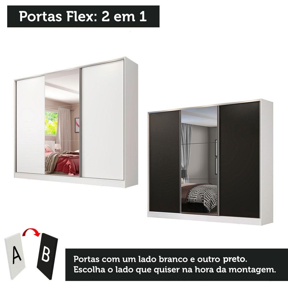 Guarda Roupa Casal 100% Mdf Madesa Zurique 3 Portas de Correr com Espelho - Branco/preto - 10