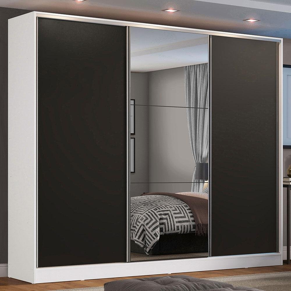 Guarda Roupa Casal 100% Mdf Madesa Zurique 3 Portas de Correr com Espelho - Branco/preto - 1