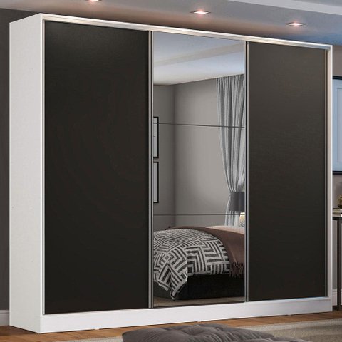 Guarda Roupa Casal 100% Mdf Madesa Zurique 3 Portas de Correr com Espelho - Branco/preto