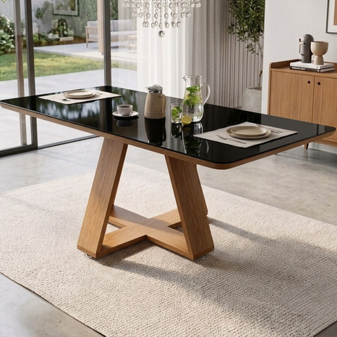 Mesa Retangular de 160cm Grande de Jantar com Tampo de Vidro:Preto