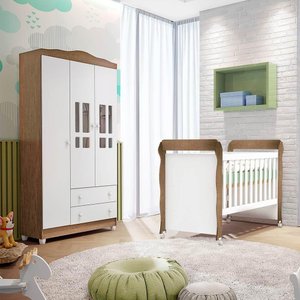 Quarto de Bebê Ariel Berço Mini Cama Mirelle Guarda Roupa Infantil 3 Portas Branco Amadeirado