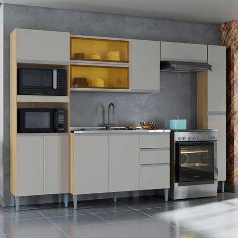 Cozinha Ambiente Aline com Balcão e Paneleiro Damasco Off White - Poquema