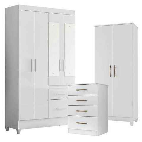 Guarda Roupa com Espelho Infantil Madri com Cômoda Ms913 e Armário Multiuso Jade Branco Brilho