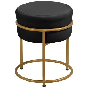 Puff Redondo Argola Levi Veludo Preto Base em Aço Dourado