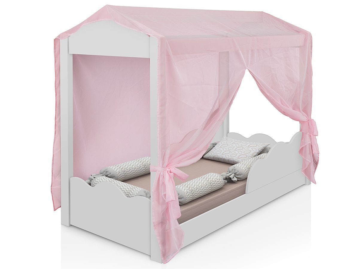 Cama Infantil Montessoriana Casinha com Proteção Lateral Nuvem Com Voal Rosa e Colchão - 5