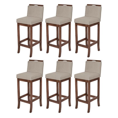 Kit 6 Banquetas Bancada Cozinha Turim Madeira Capuccino Suede Bege CCS