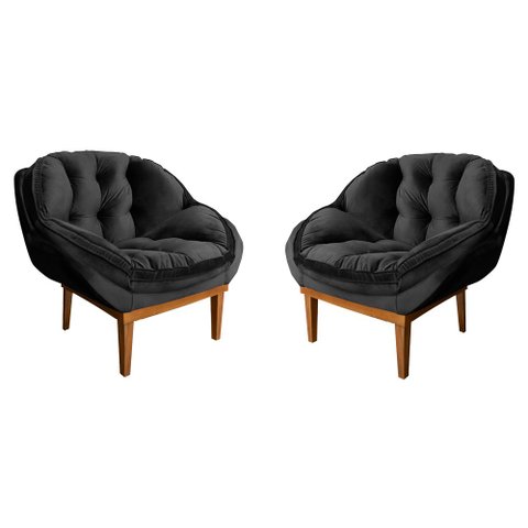 Kit 2 Poltronas Decorativa Marcela Veludo Base Madeira Castanho - Pallazio Preto