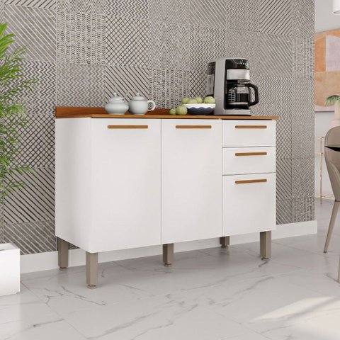 Balcão de Cozinha 120 cm Rubi 3 Portas 2 Gavetas Branco/Cinamomo - Pnr Móveis
