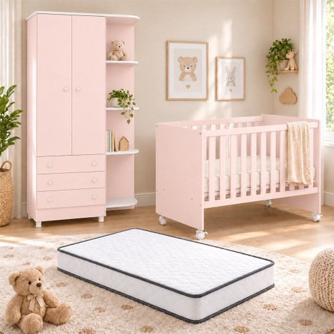 Kit Quarto de Bebê Doce Sonho com Berço com Rodízio Guarda Roupa 2 Portas e Colchão D18 130x60 Movel