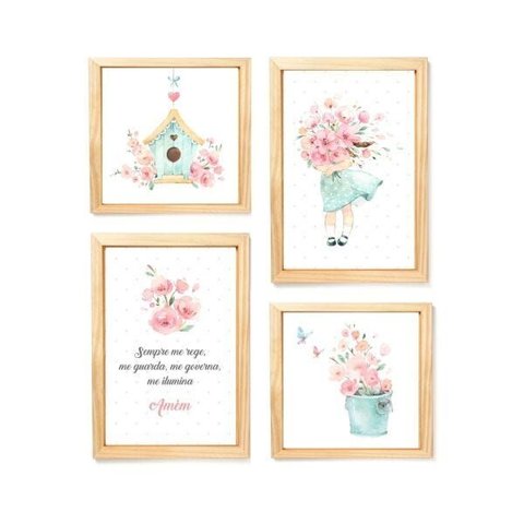 Kit 4 Quadros Decorativos Menina Aquarela, Passarinho, Flor
