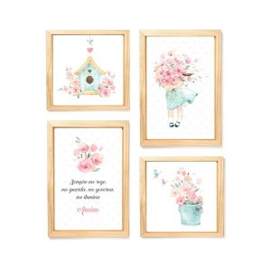 Kit 4 quadros decorativos menina aquarela, passarinho, flor