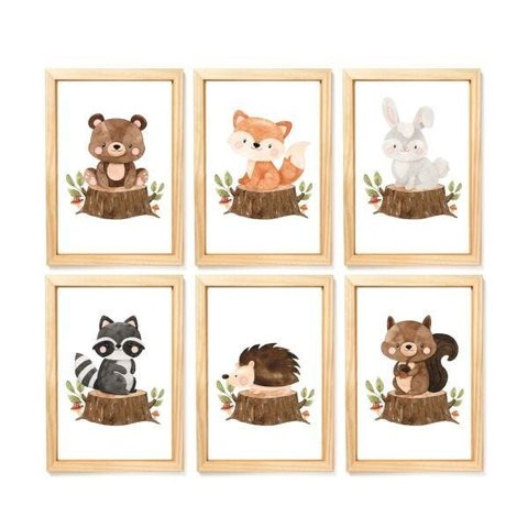 Kit com 6 Quadros Decorativos Animais do Bosque Aquarela