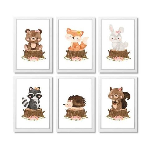Kit 6 Quadros Decorativos Animais do Bosque Aquarela Lacinho