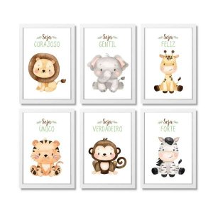 Kit com 6 Quadros Decorativos Safari Baby Aquarela seja