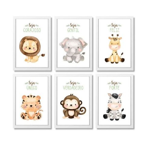 Kit com 6 Quadros Decorativos Safari Baby Aquarela Seja