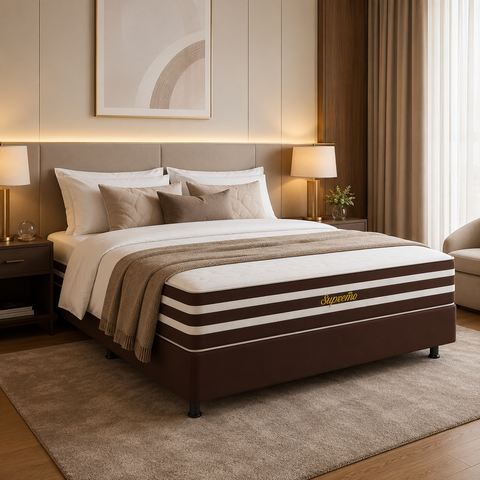 Cama Box Casal (Colchao + Base) 138x188 Supremo Marrom Branco Bacetto