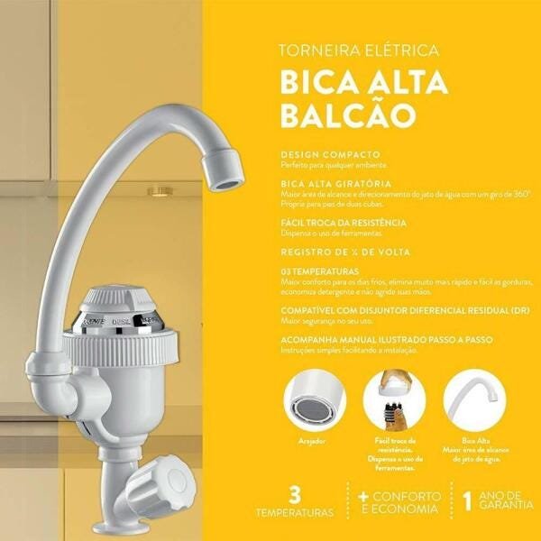 Torneira Elétrica Alta Balcão 220V 4400W Resistência Extra - 2