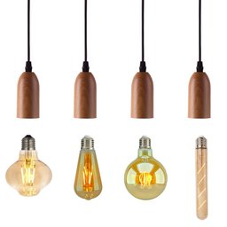 Kit 4 Luminária Pendente Metal Amadeirado Vintage + 4 Lâmpadas Retrô Variadas - 1