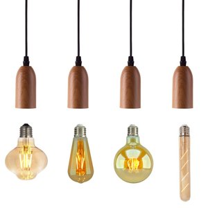 Kit 4 Luminária Pendente Metal Amadeirado Vintage + 4 Lâmpadas Retrô Variadas