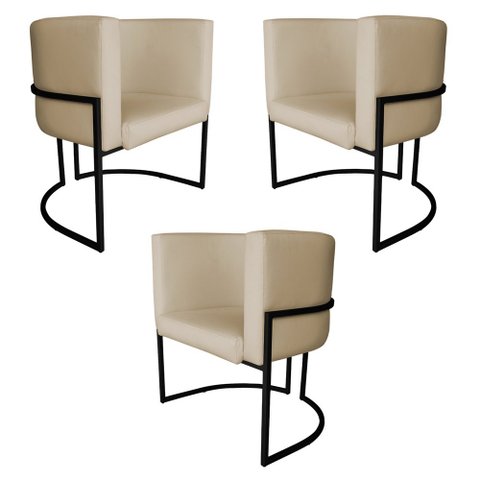Kit 3 Poltronas Decorativa Luana Base Preta Pu Bege - Montanaris Decor