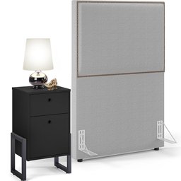 Cabeceira Solteiro Vicenza 100cm L02 Bouclê Cinza Com 1 Mesa de Cabeceira Work Preto - Lyam Decor Vi - 1