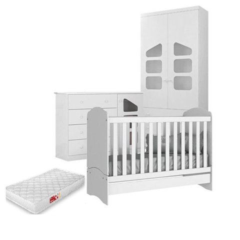 Jogo de Quarto Algodão Doce MDF Roupeiro 2 Portas + Cômoda + Berço 2x1 Branco c/ Colchão