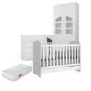 Ver imagem 1 de Jogo de Quarto Algodão Doce MDF Roupeiro 2 Portas + Cômoda + Berço 2x1 Branco c/ Colchão