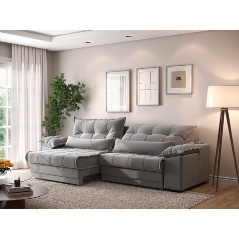 Sofá Retrátil e Reclinável com Molas Ensacadas e Carregador Usb Colosso 2,50m Veludocristal Cinza